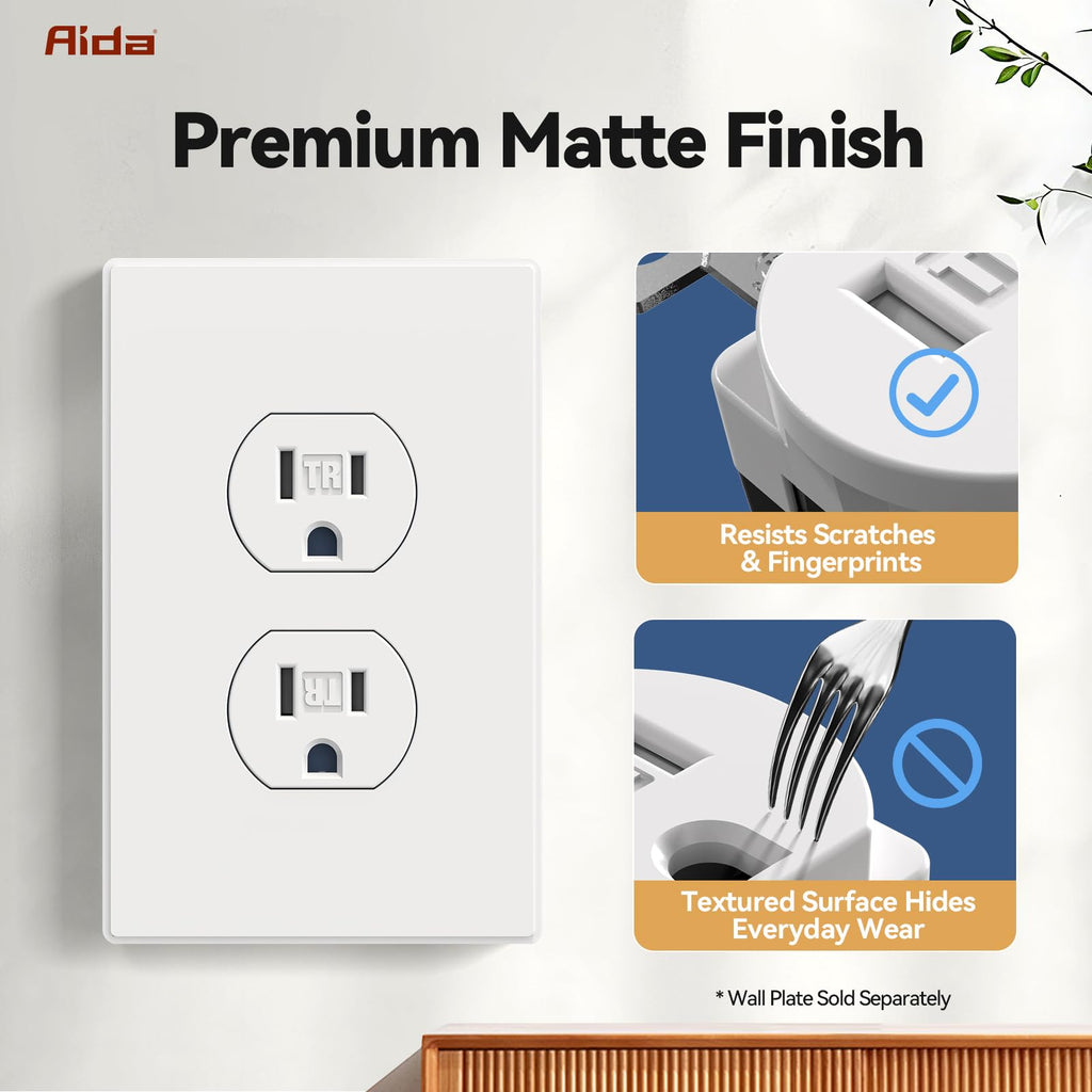AIDA 15A TR Duplex Electrical Outlet Receptacle, Matte White, 20 Pack