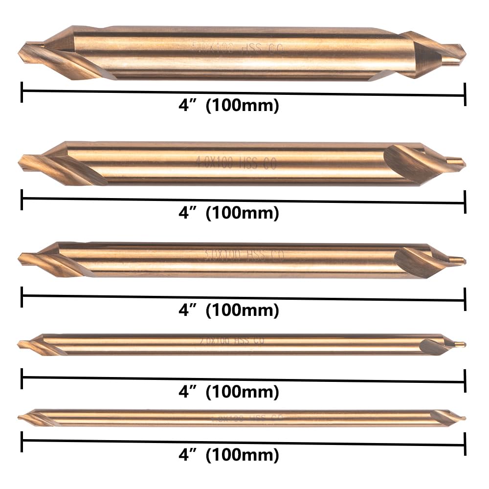 5PCS Cobalt Long Center Drill Bits Set, M35 High Speed Steel 60-Degree Angle 4" Overall Length Center Drill Bits Kit Countersink Tools for Lathe Metalworking Size 1.0 2.0 3.0 4.0 5.0