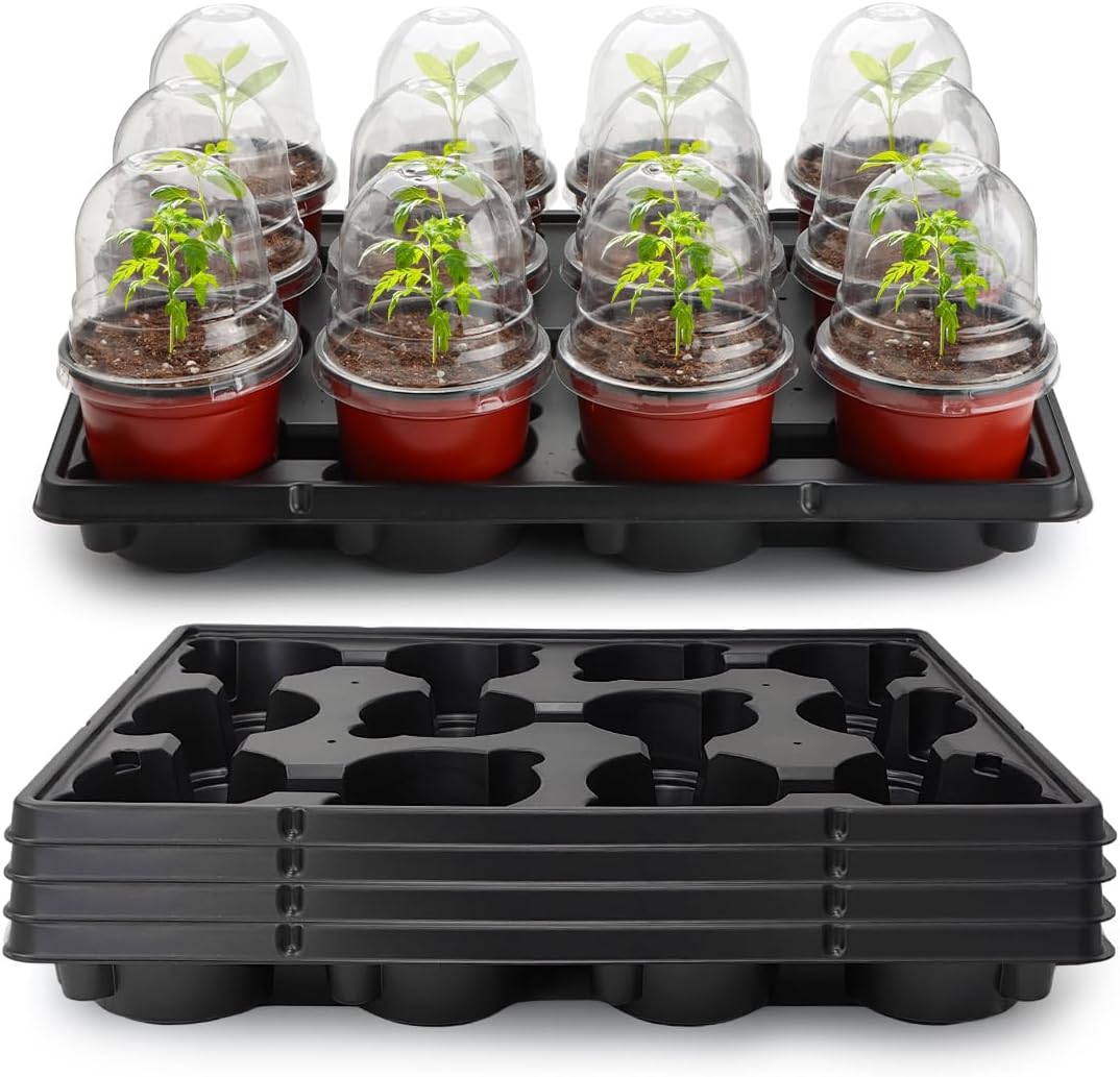 4 Inch 60 Pack Nursery Pots with Humidity Domes & 5 Pack 12 Cell Round Seedling Pot Carrying Trays, Sturdy Seeds