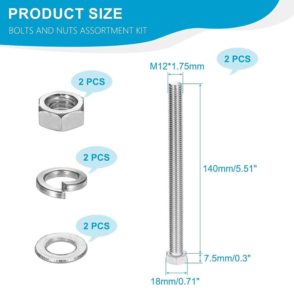 M12 x 140mm 304 Stainless Steel Bolts and Nuts Assortment Kit 2 Sets