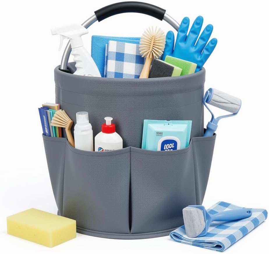 Cleaning Caddy with Handle, 17L Foldable Storage Basket, Heavy Duty 600D Oxford Cloth Organizer, Portable Supply Bag