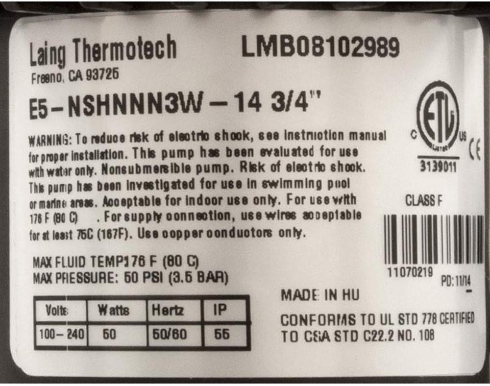 Pump, Laing Circ, Series E5, 115v/230v, 3/4"b, w/4ft Cord, OEM