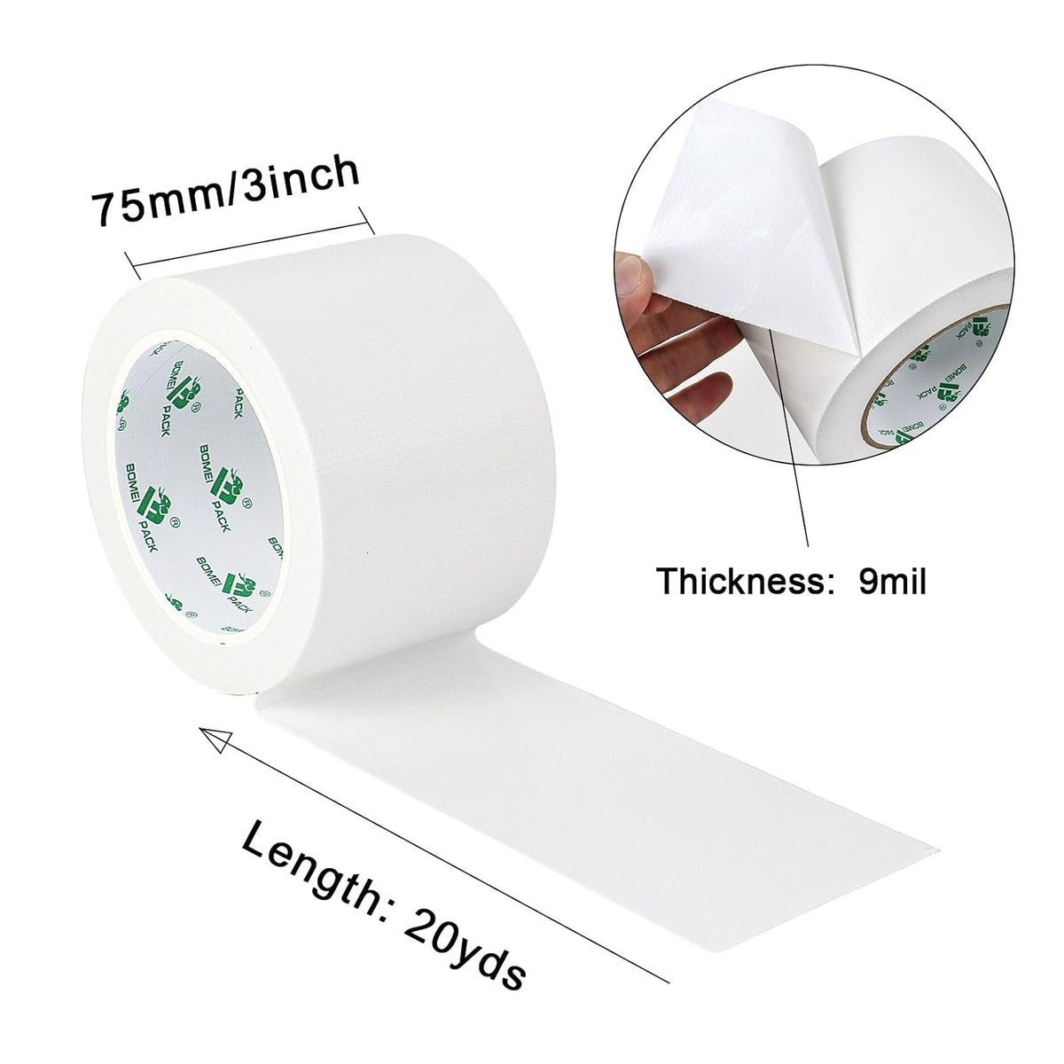 1Pack 3inch Duct Tape Heavy Duty Waterproof White 9Mil 20Yds