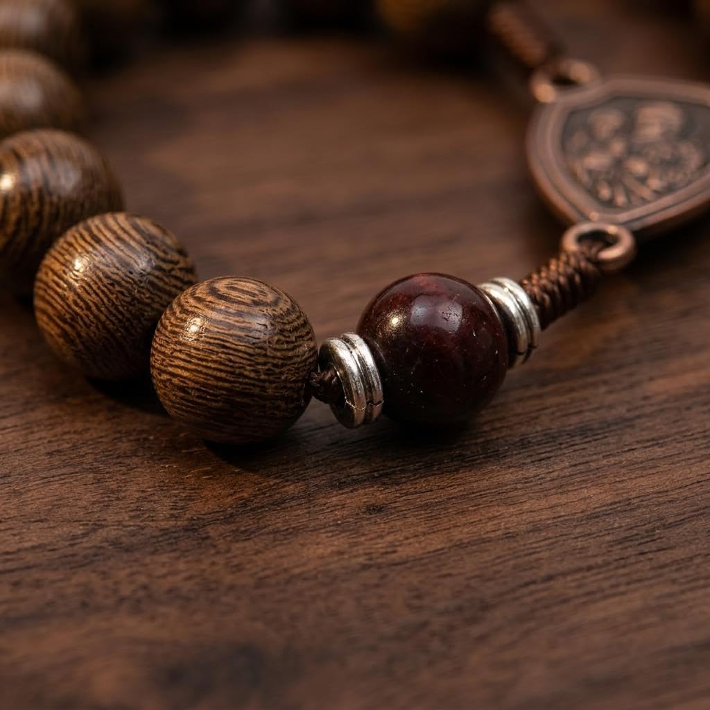 Nazareth Store Handcrafted Wooden Catholic Rosary Necklace with Antique Medal & Crucifix Cross Christian Prayer Beads