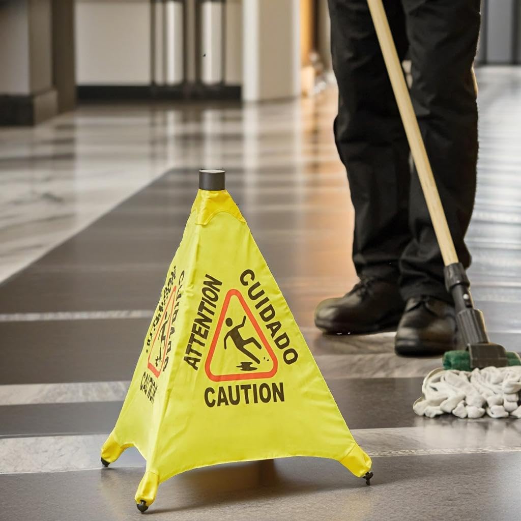 (2 Sets) Caution Wet Floor Sign - Pop Up Slippery When Wet Floor Cone, Wall Mounted Foldable Multilingual Yellow