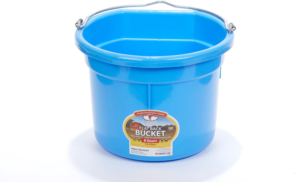 Flat Back Plastic Animal Feed Bucket | Animal Feed Bucket with Metal Handle | Horse Stall Feeding and Watering