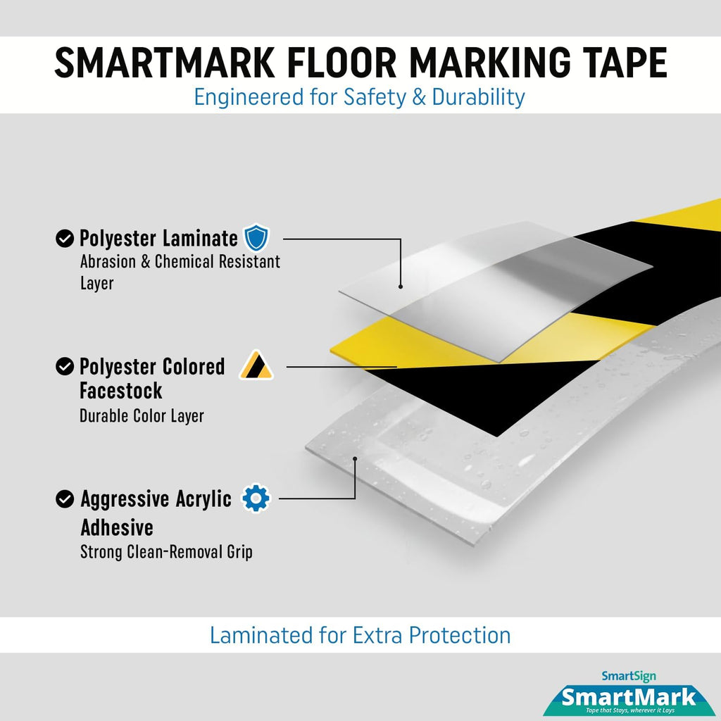 Yellow/Black Striped Floor Marking Tape, 2" x 100' Roll, Durable Polyester, Laminated Protection - Non-Abrasive