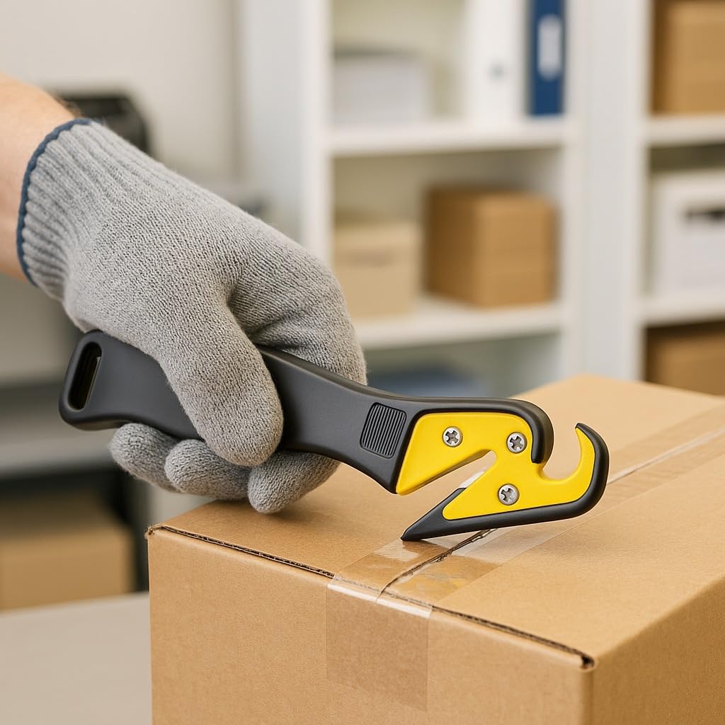 Heavy-Duty Hook Knife – Safety Cutter with Replaceable Metal Blade, Ergonomic Plastic Handle, Hanging Hole, for