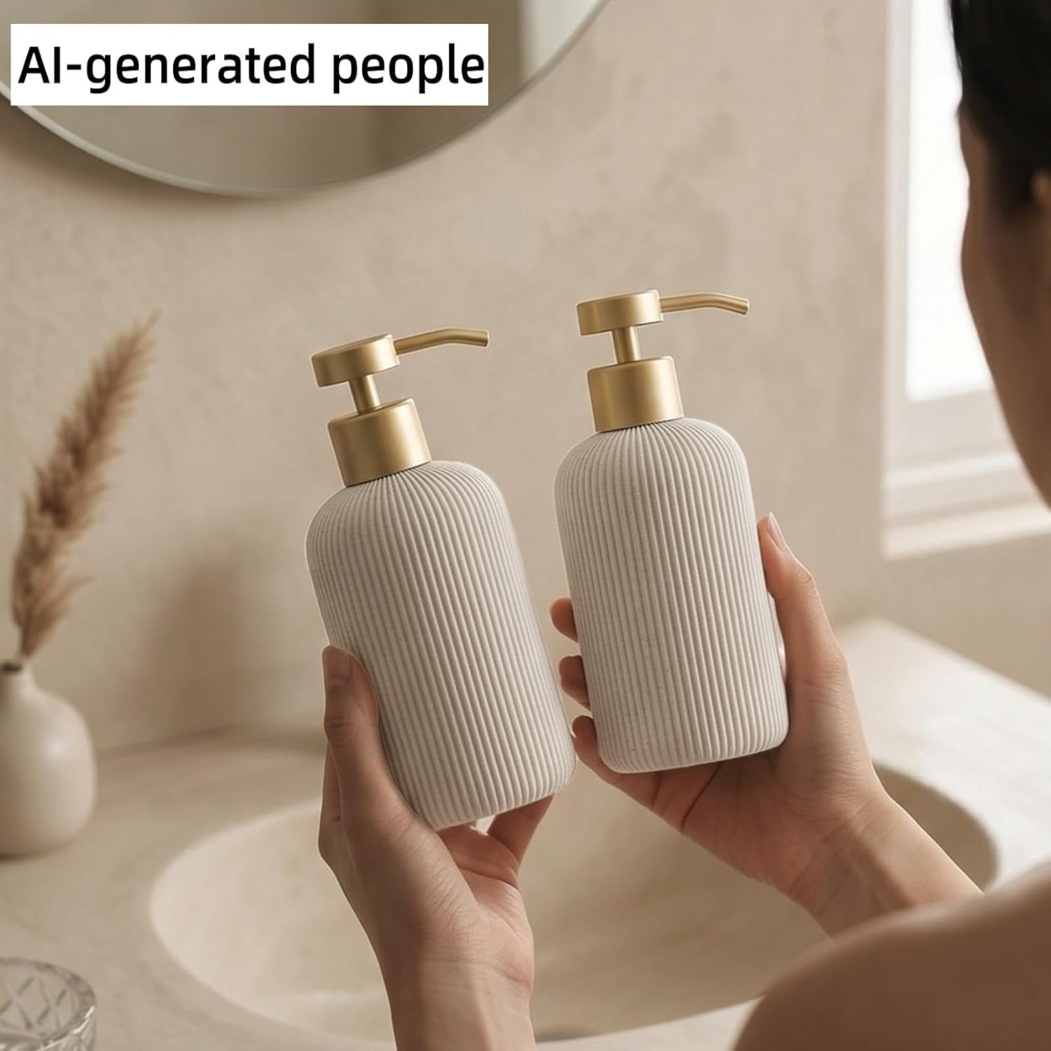 Soap Dispenser14.2OZ, 2PCS Luxurious Stripe,Beige, Gold Pump | Modern,Hand Dish Soap Dispenser Set, Refillable Lotion