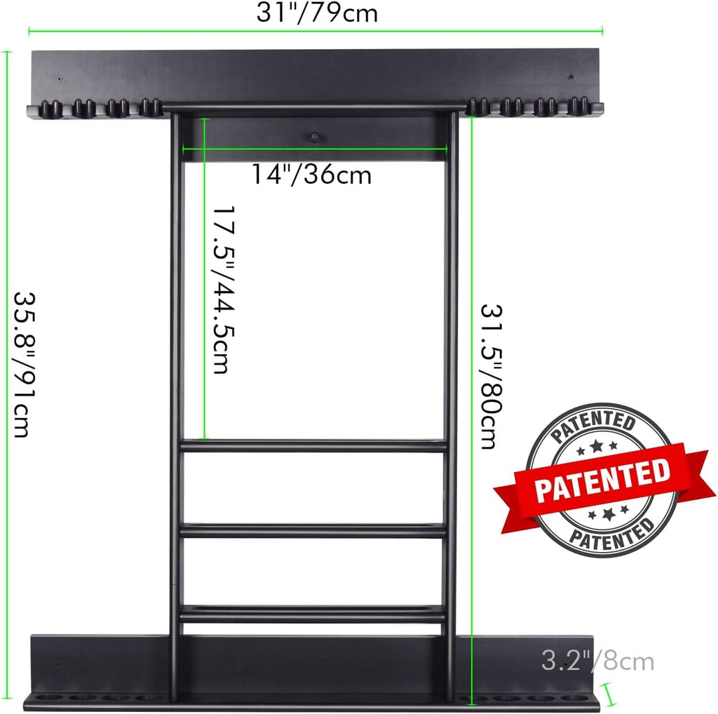 Pool Cue Rack Wall Mount For 8 Cues, Balls & Billiard Accessories Storage | 100% Solid Pine Wood Pool Stick Holder