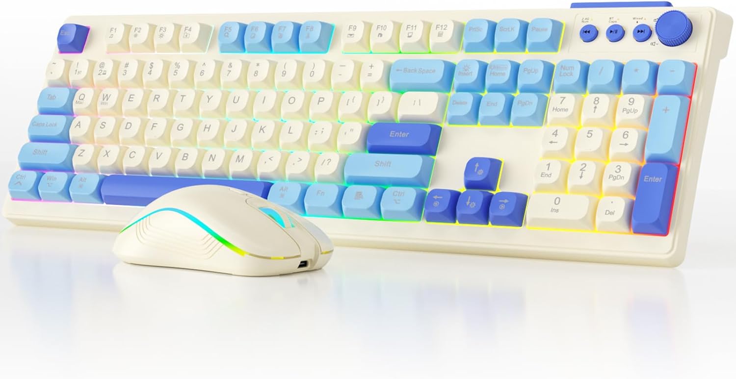 Wireless Keyboard and Mouse Combo, RGB Backlit Rechargeable 2000 mAh Battery, Wireless Computer Keyboards, Tri-Mode