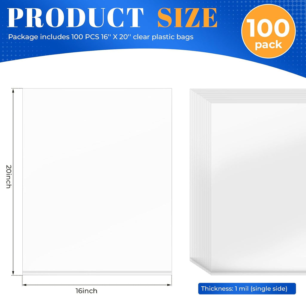 100 Pack 16 x 20 inch 1 Mil Clear Plastic Flat Poly Bags