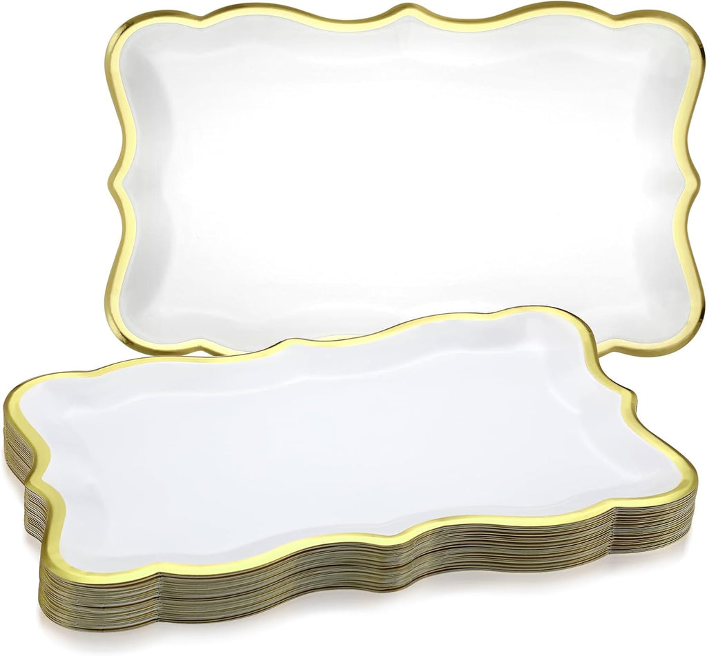24 Pcs Disposable Paper Serving Trays 9x13 Inch Gold Rim White