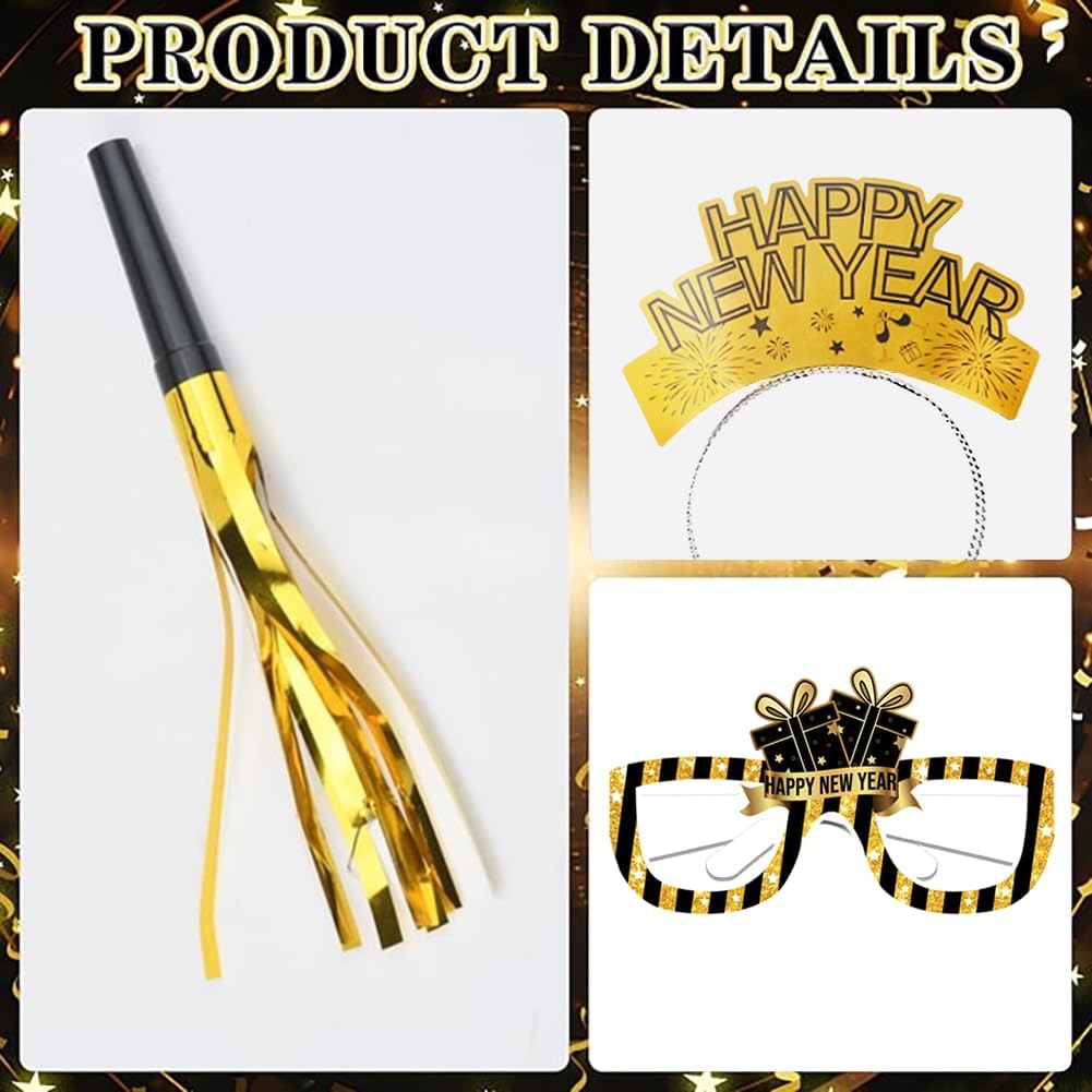 New Year’s Eve Party Supplies 2026– Includes Happy New Year Headbands, Cone Hats, Party Glasses, and Tassel Squawkers