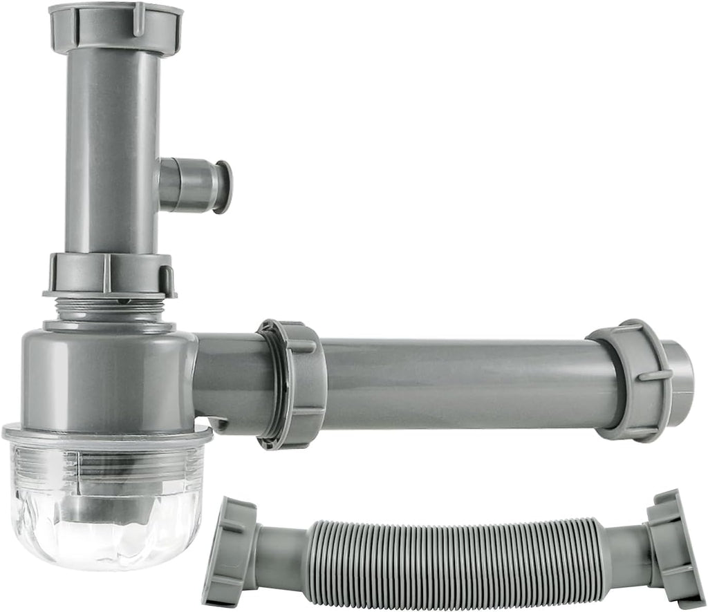 Kitchen Sink P-Trap Kit, 1-1/2 Inch Adjustable Drain Pipe with Flexible & Straight Pipes, Dishwasher Connection
