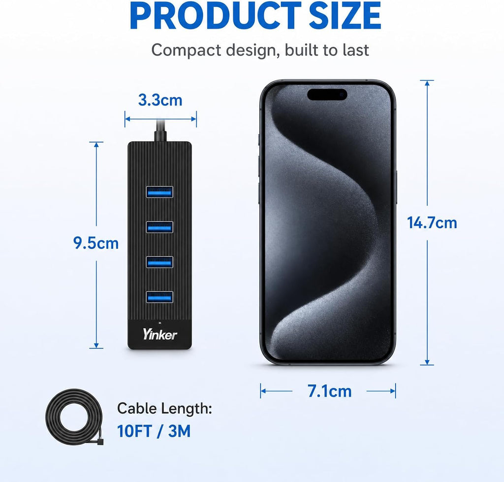 4-Port USB 3.0 Hub with 10FT USB Extension Cable, 5Gbps Data Transfer