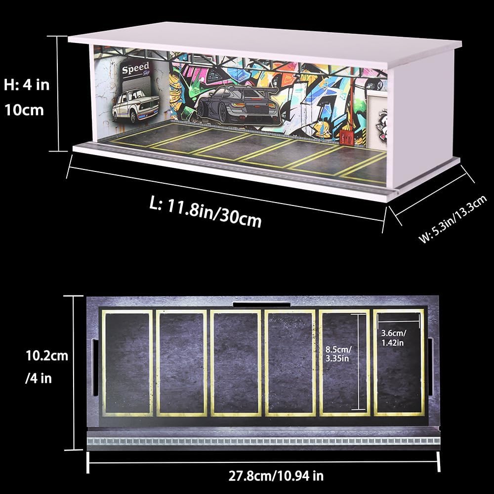1/64 Scale Diorama Garage Display Case for Die-cast Model Cars | Acrylic Cover, Storage with 6-Space Scene Parking