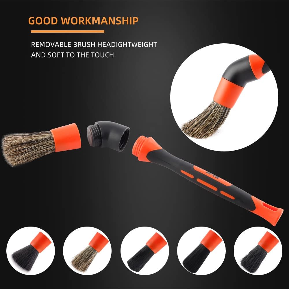 Car Detailing Brush Set, 5 Pack Soft Boar Hair Auto Detail Brush Kit with Elbow for Automotive Elegant Surface