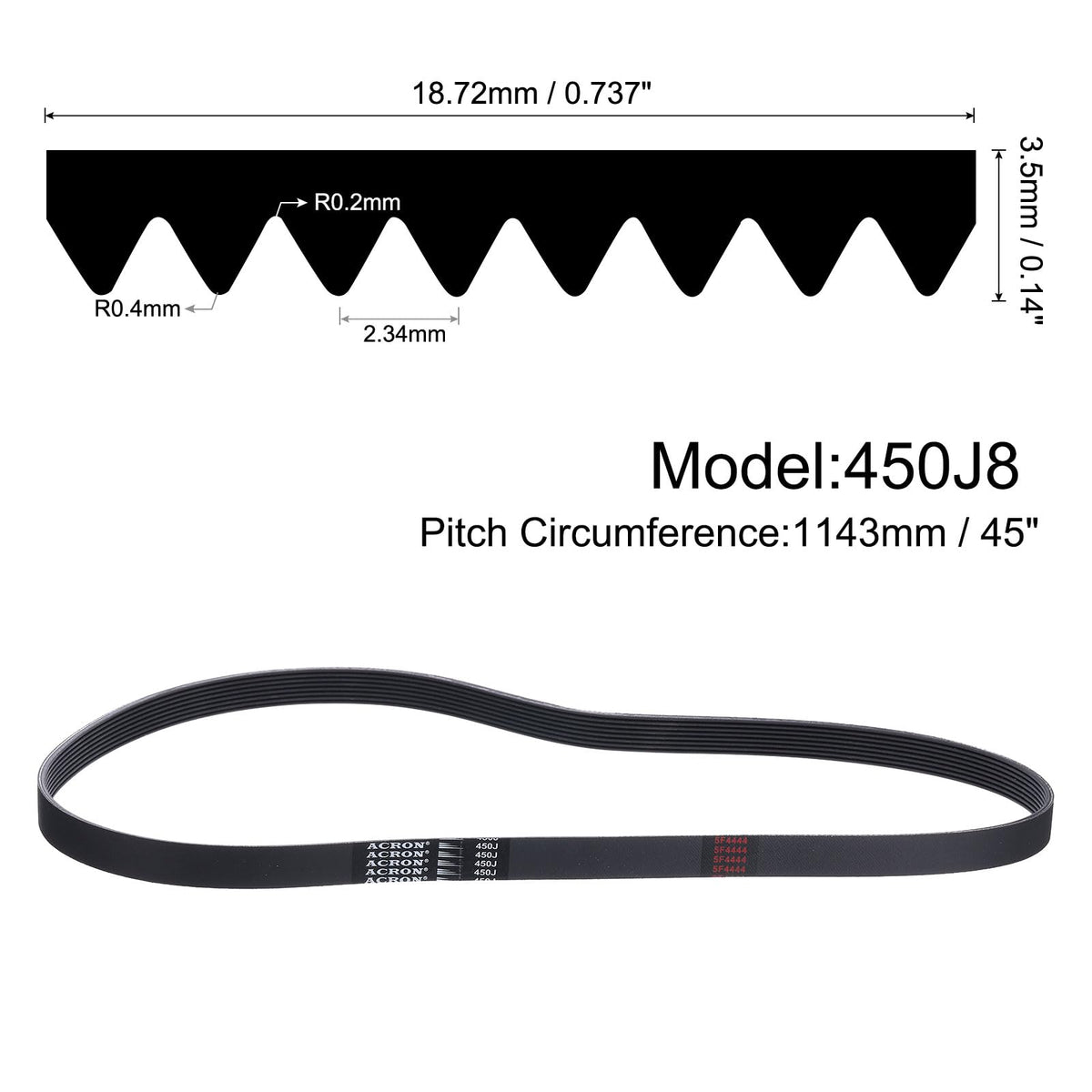 uxcell 450J8 PJ V-Ribbed Belt 8 Ribs 45" L x 0.74" W x 0.14" H, EPDM