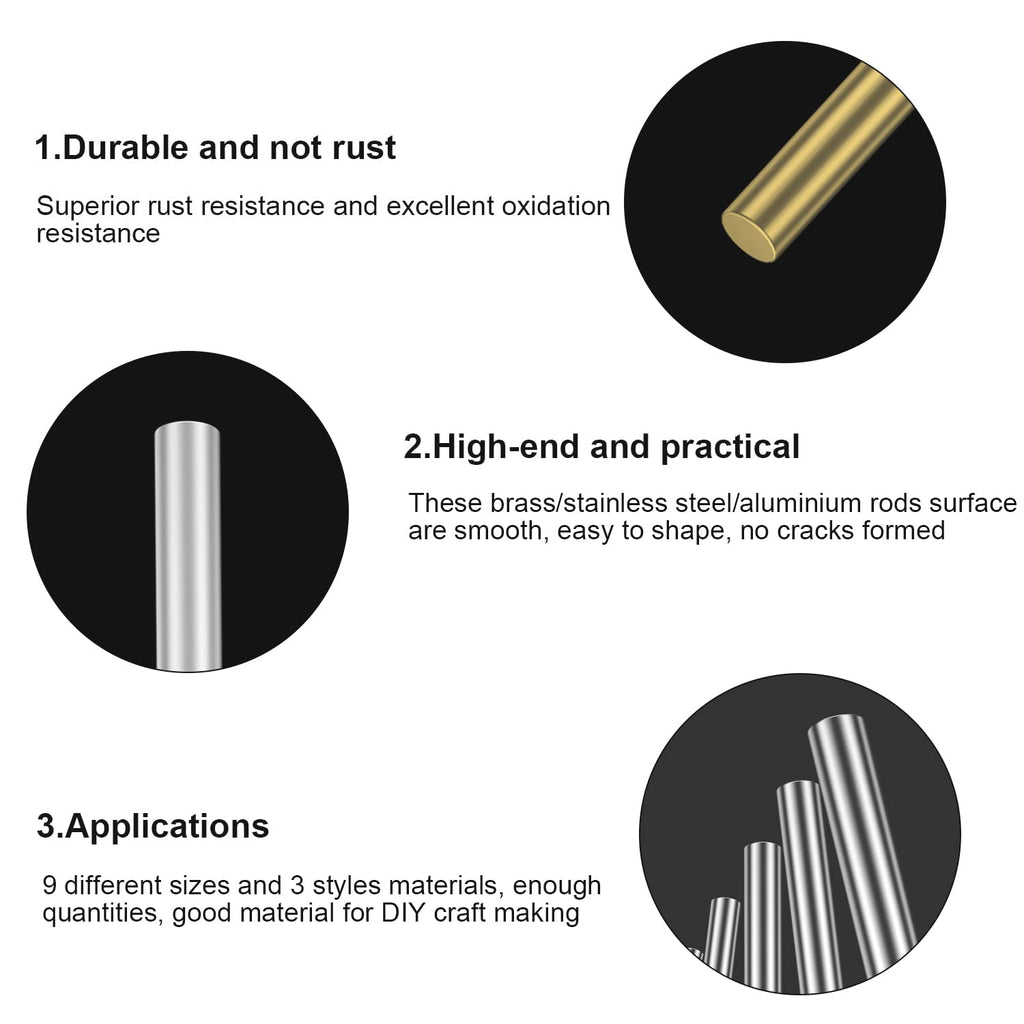 27 Pieces 9 Sizes Metal Round Rods Kit, Metals Include Brass, Stainless Steel, Aluminum, Diameter 1.0mm-8.0mm Length