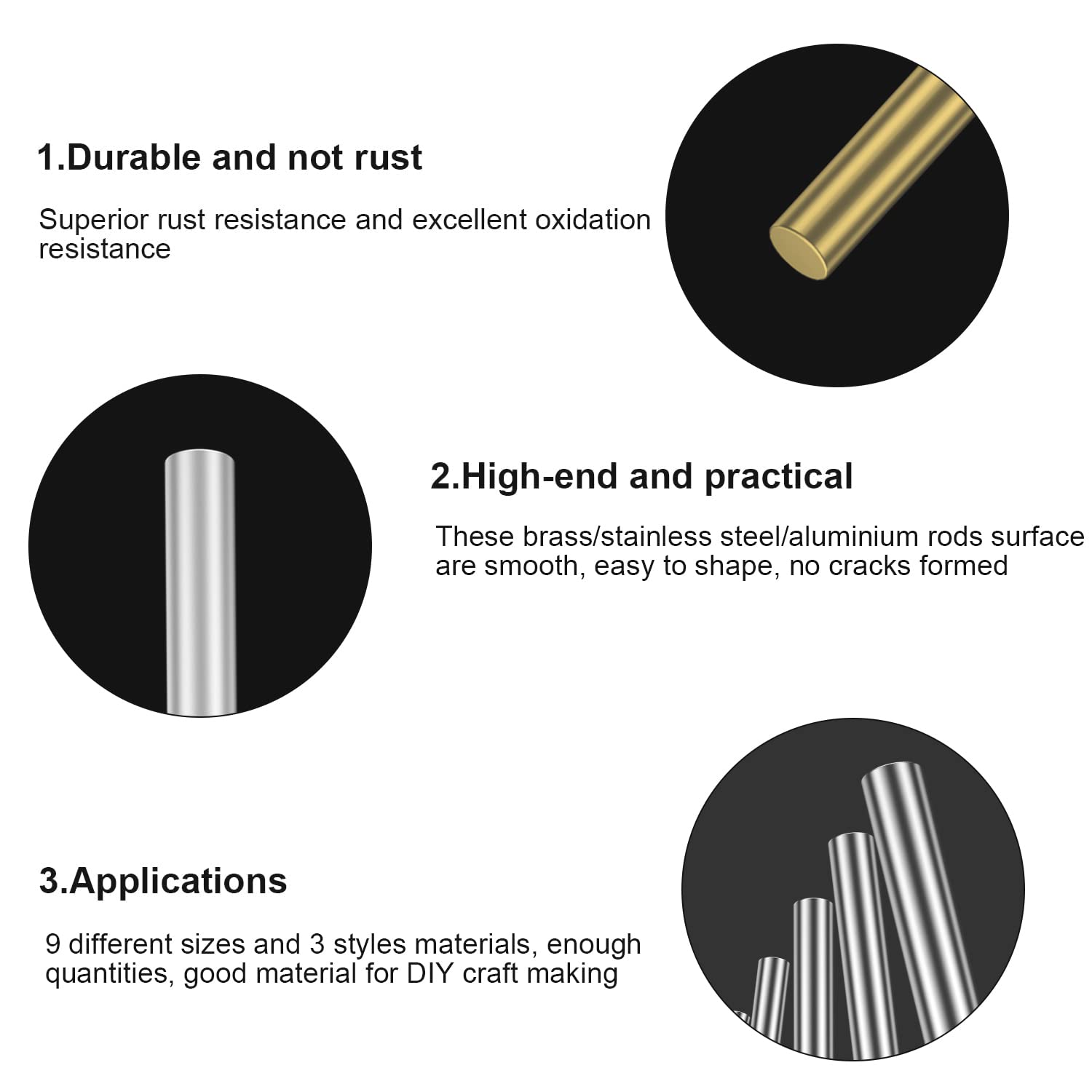 27 Pieces 9 Sizes Metal Round Rods Kit, Metals Include Brass, Stainless Steel, Aluminum, Diameter 1.0mm-8.0mm Length