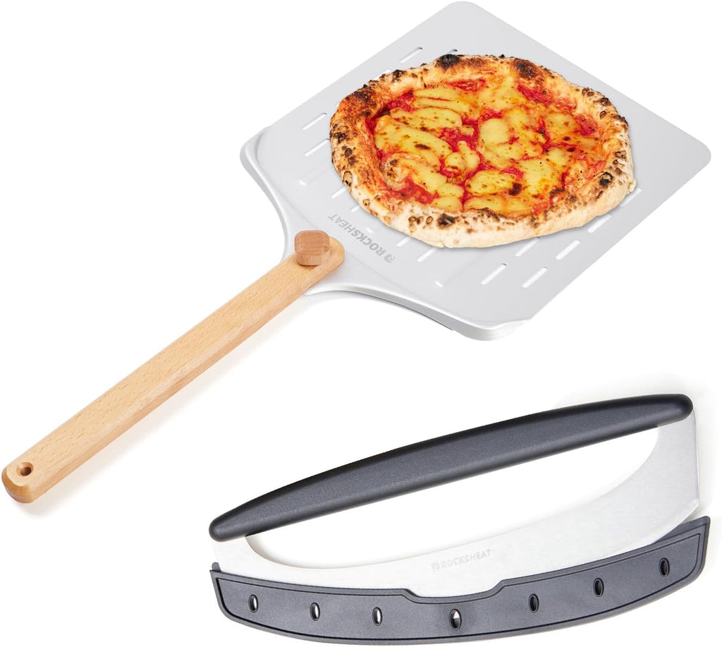 Pizza Cutter Rocker & 12 Inch Rotating Pizza Peel Set - Anodized Aluminum Peel with Wooden Handle, Includes Plastic