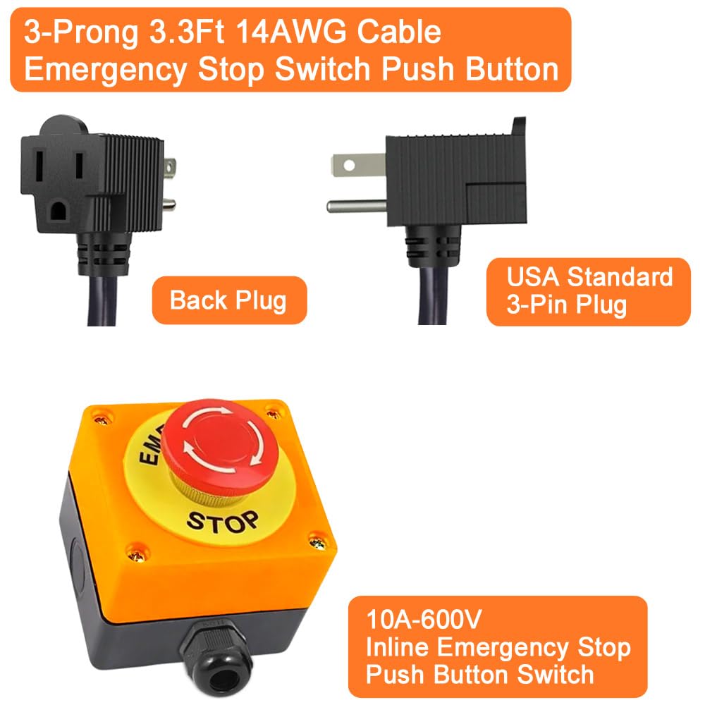 Inline Power Emergency Stop Push Button Switch Piggyback Plug Cable