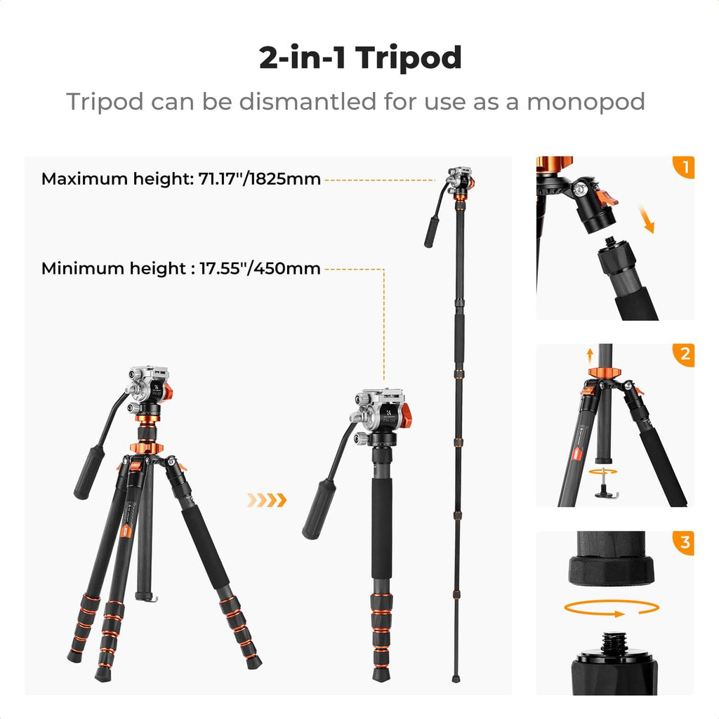 68'' Carbon Fiber Tripod with Fluid Head | Max Load 11lbs, Lightweight DSLR Tripods & Monopods for Canon Sony Nikon