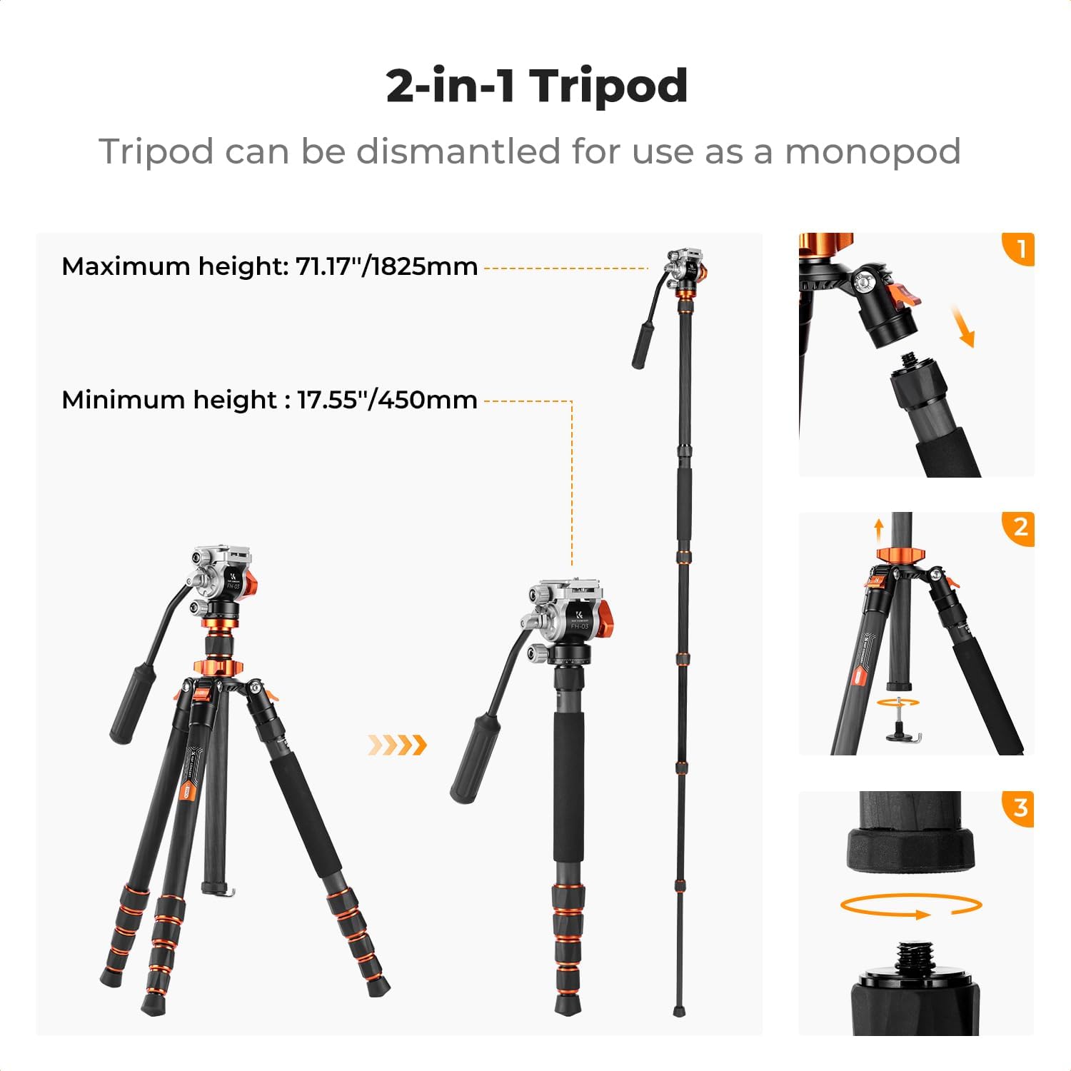 68'' Carbon Fiber Tripod with Fluid Head | Max Load 11lbs, Lightweight DSLR Tripods & Monopods for Canon Sony Nikon