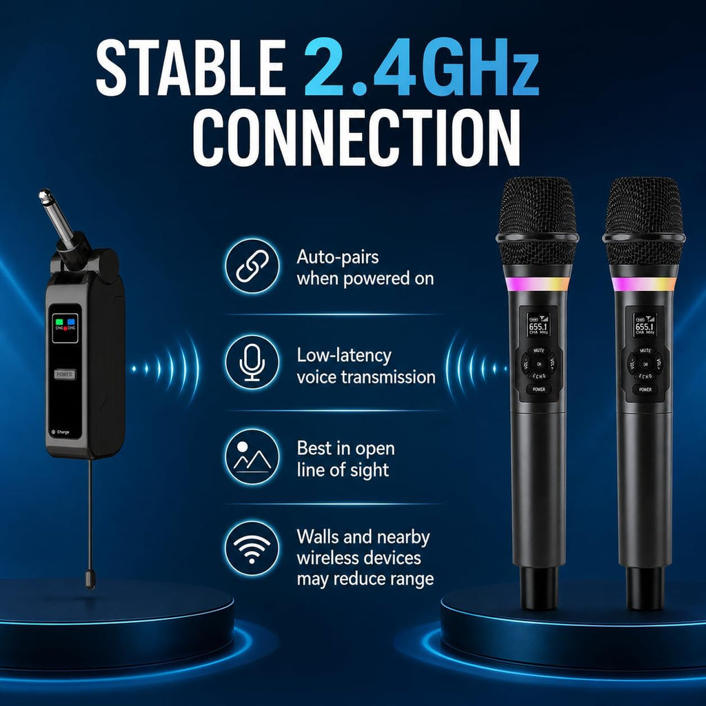 Wireless Microphones, Dual 2.4GHz Handheld Karaoke Mic System | Rechargeable Receiver with Volume, Echo, Treble, Bass