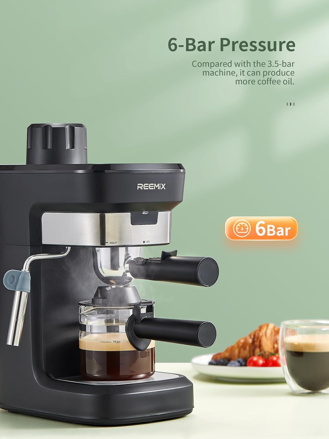 Espresso Machine 6 Bar, Rich Crema Coffee Maker | Auto Pressure Relief, Compact Home Coffee Brewer Machine, Black