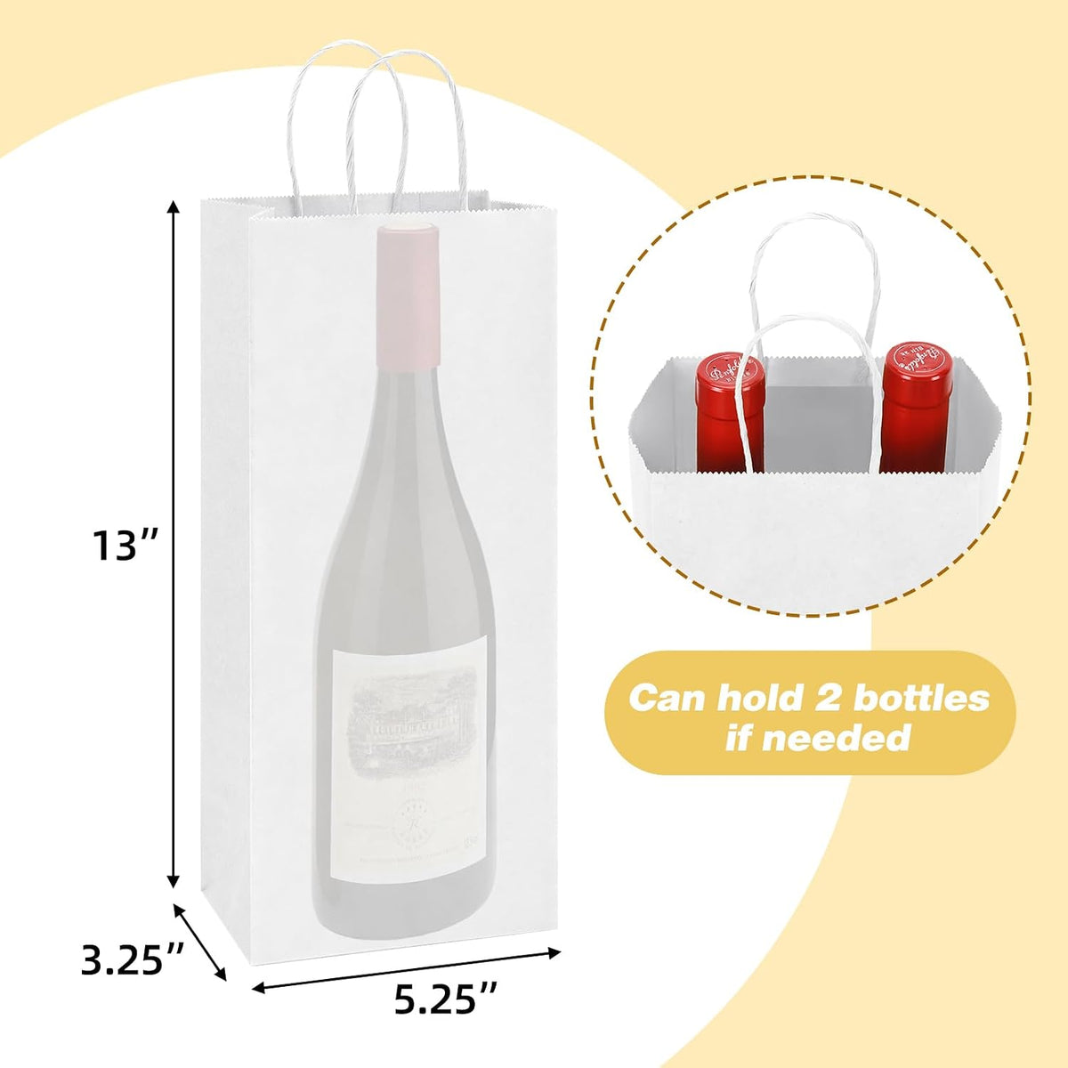 Wine Bags with Handles 5.25x3.25x13 Inch White Paper Bag 50 Pack
