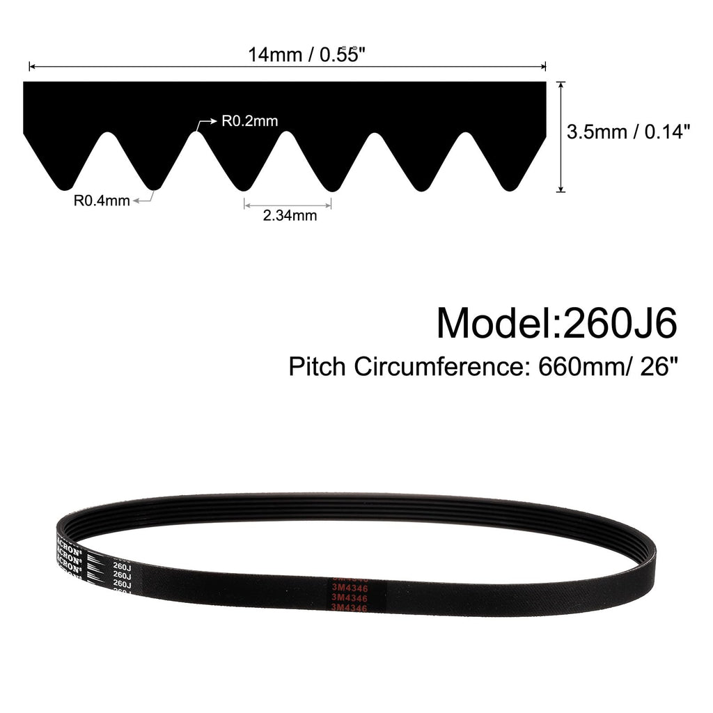 uxcell 2pcs 260J6 PJ V-Ribbed Belt 6 Ribs 26" Length x 0.55" Width x 0.14" Height, EPDM Rubber Poly V Belt, Multi Wedge Micro V Belt