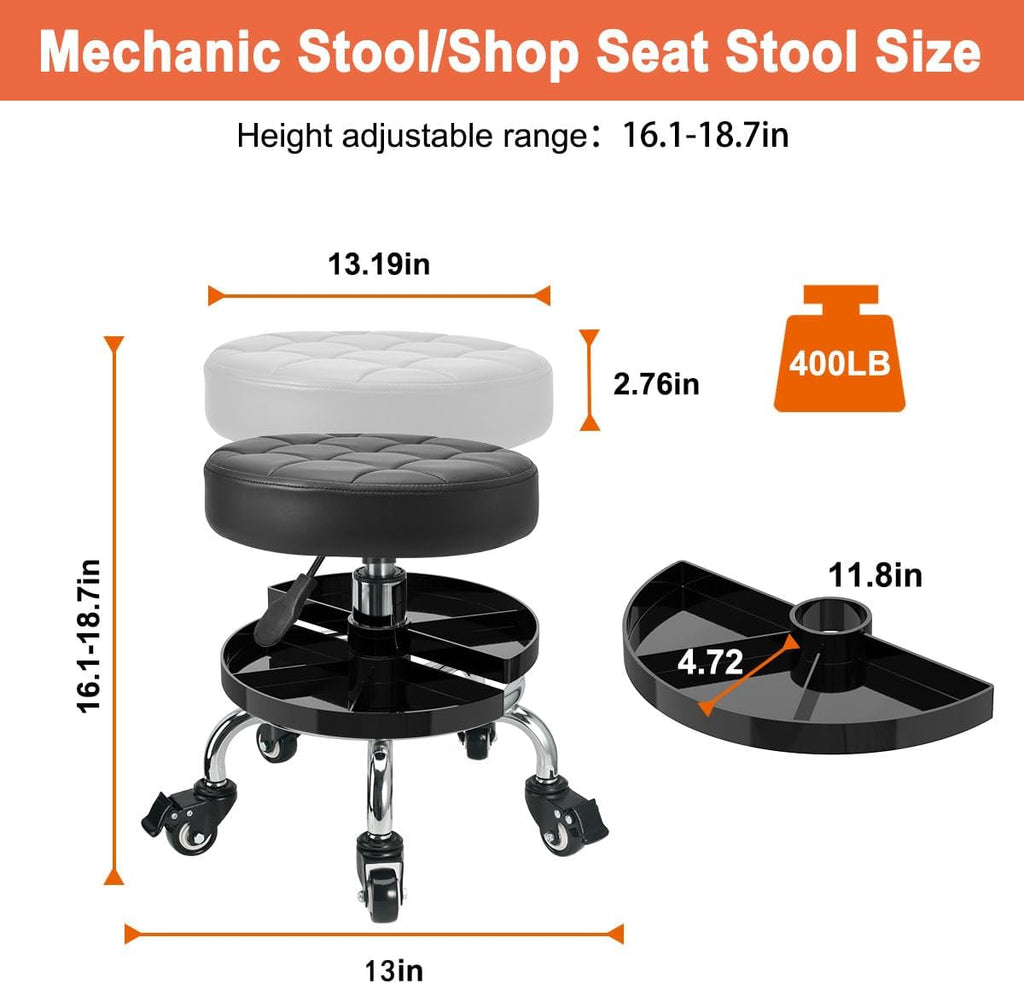 Garage Mechanic Stool Chair Rolling Shop Chair, Height Adjustable Garage Shop Seat, Low Stools with Storage Tray