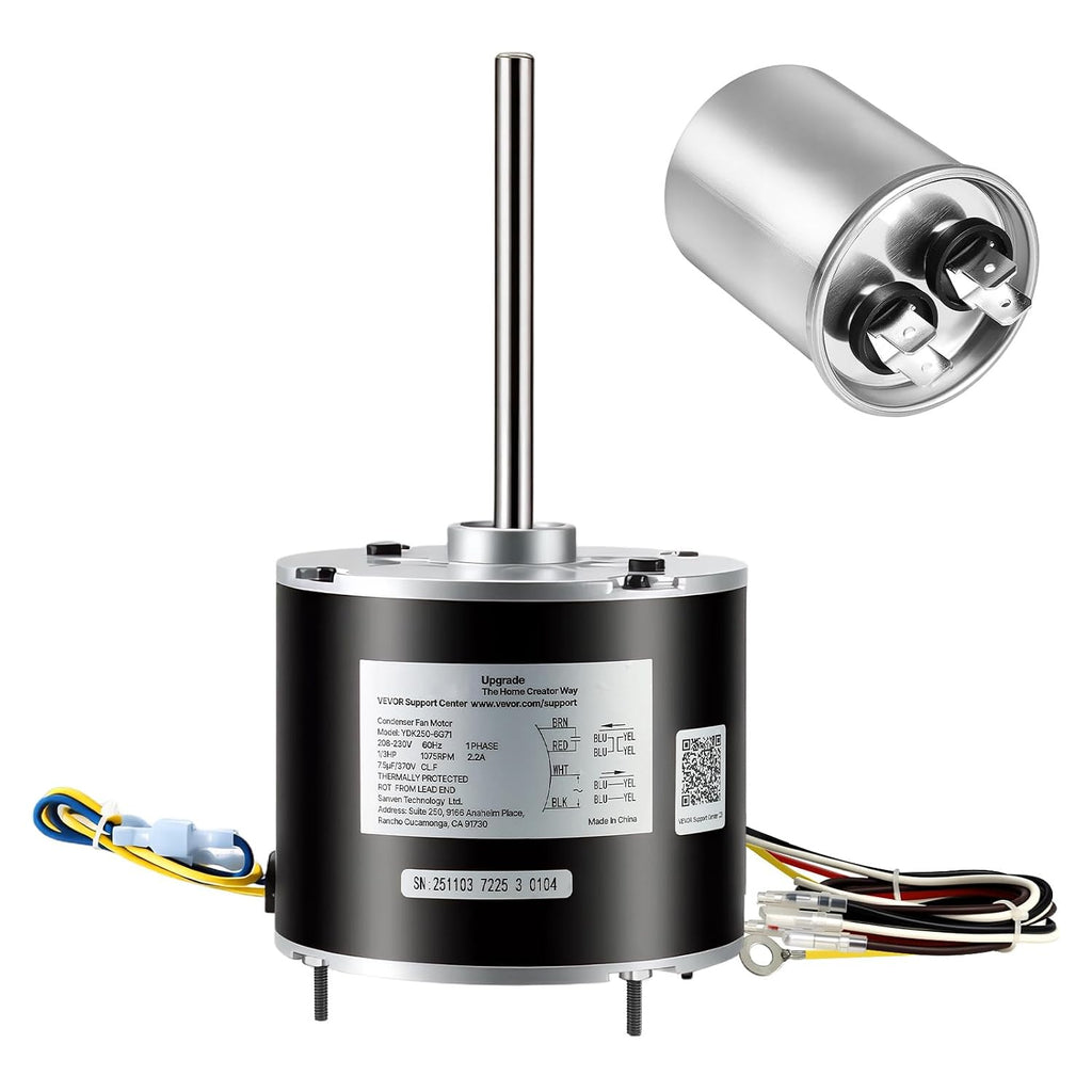 Condenser Fan Motor with Capacitor, 1/3HP 1075RPM 208-230V, Compatible with GE Genteq K55HXGDD-81195 5KCP39GGY209AS