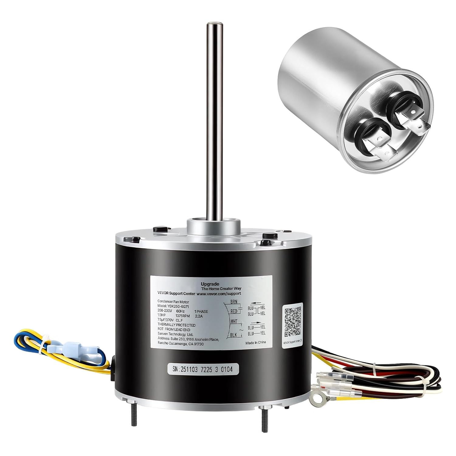 Condenser Fan Motor with Capacitor, 1/3HP 1075RPM 208-230V, Compatible with GE Genteq K55HXGDD-81195 5KCP39GGY209AS
