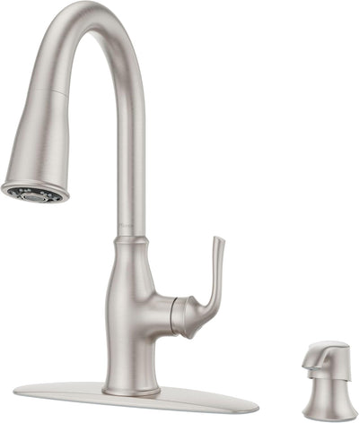 Pfister Rosslyn Kitchen Faucet with Pull Down Sprayer and Soap Dispenser, Single Handle, High Arc, NSF Certified, Spot Defense Stainless Steel Finish, F5297RSSRGS