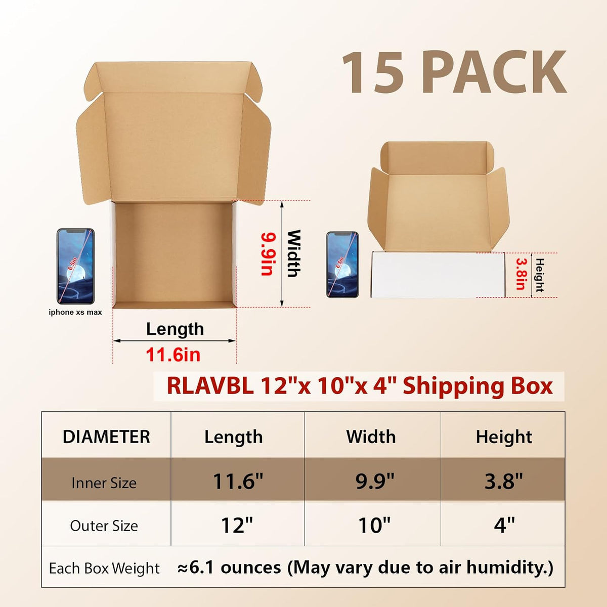 12x10x4 Shipping Boxes Set of 15, White Corrugated Cardboard Mailer Box for Packing, Mailing, Business