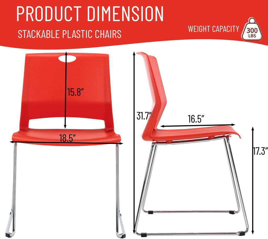 Red Stacking Chairs Set of 4, Hard Plastic Stackable Chair Armless
