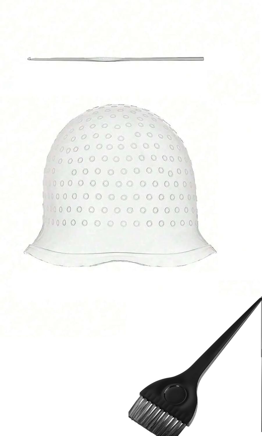 Silicone Hair Highlight Cap, Reusable Pre-Punched Dyeing Cap with Hook and Dye Brush