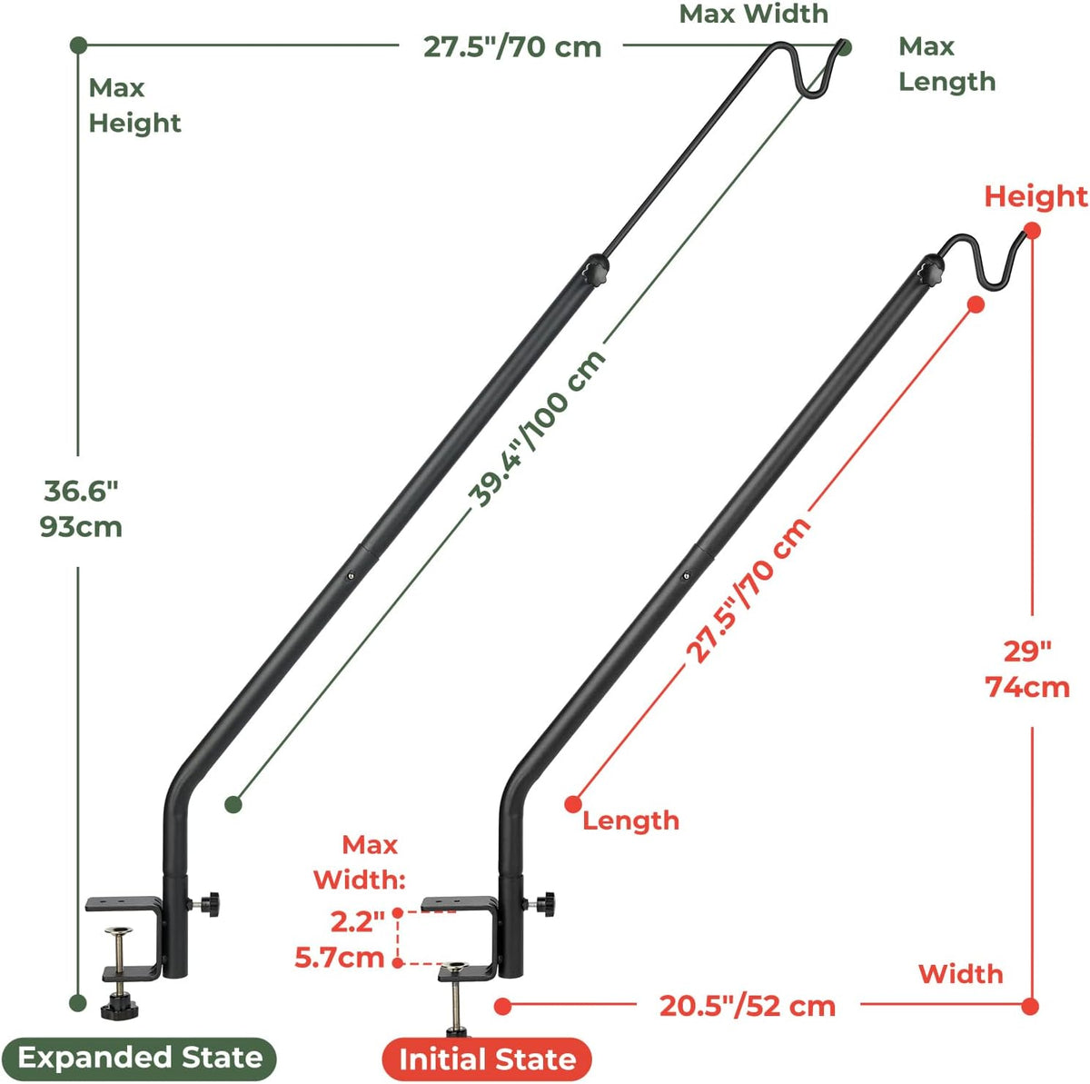 2 Pack Heavy Duty Deck Hook, 27"-39" Adjustable Metal Deck Railing Hooks for Hanging Bird Feeders, Planters, Suet