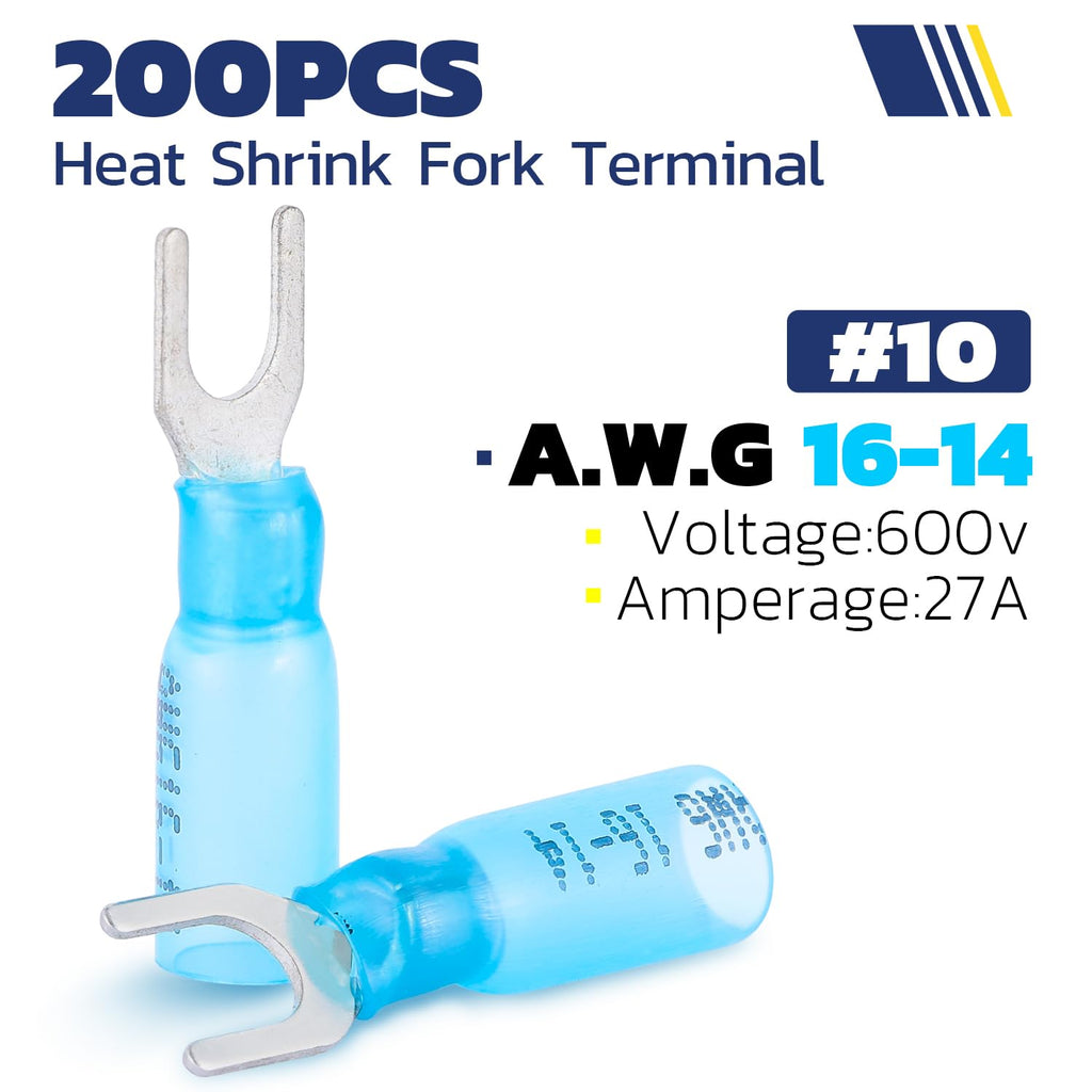 haisstronica 200PCS Heat Shrink Fork Terminals, 16-14 AWG, #10, Blue