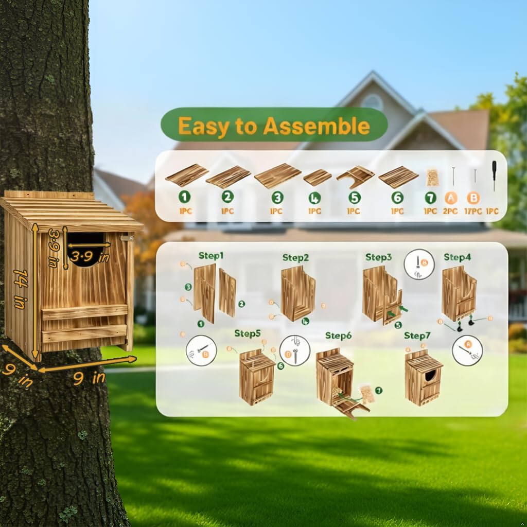 Carbonized Pine Owl Box, Screech Owl Nesting Box 14"x9"x9"