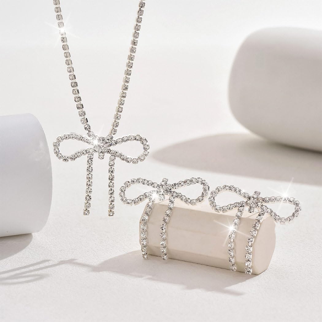 Silver Jewelry Sets Rhinestone Bow Necklace Earrings Set Prom Fashion Costume Jewelry Sets for Women