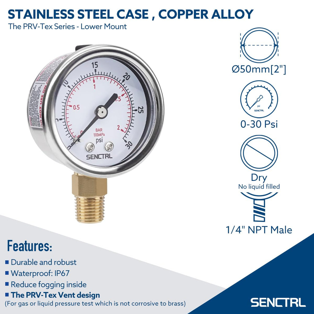 SENCTRL 0-30 Psi Low Pressure Gauge, 1/4 NPT Lower Mount