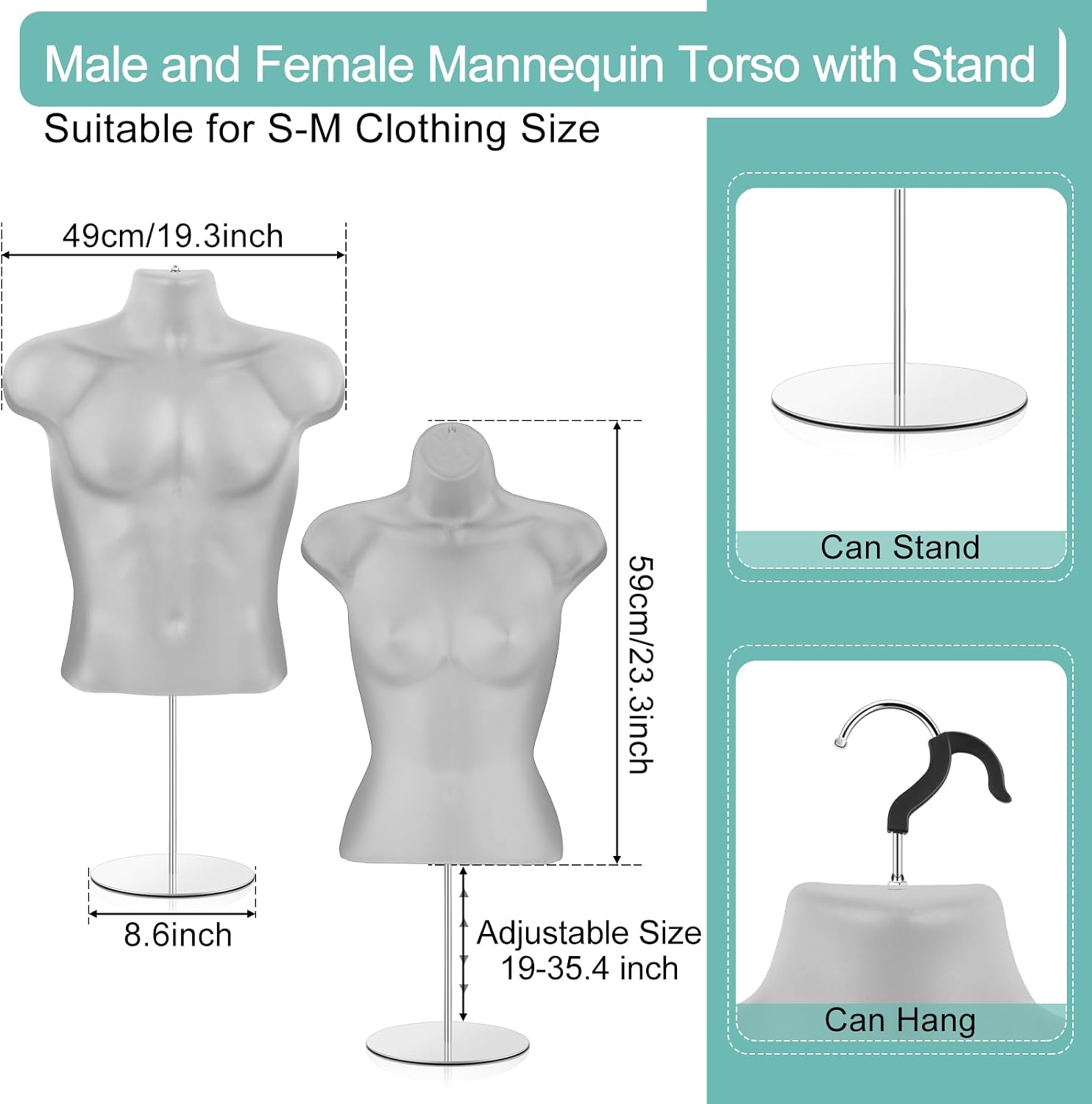 2 Pack Male and Female Mannequin Torso with Metal Stand Hanging Hooks Dress Form Hollow Back Shirt Half Body