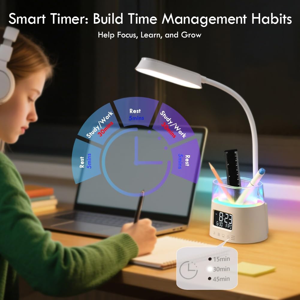 LED Desk Lamps for Home Office with Pen Holder, Table Lamp for Bedroom with USB Charging Port & Clock, RGB Night