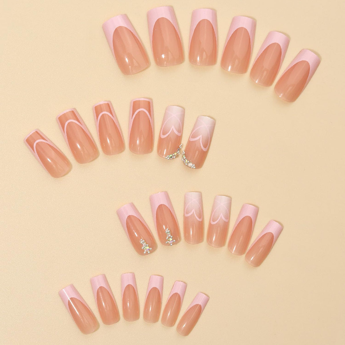 Medium Press on Nails Square Glue on Nail Light Pink French Fake Nails