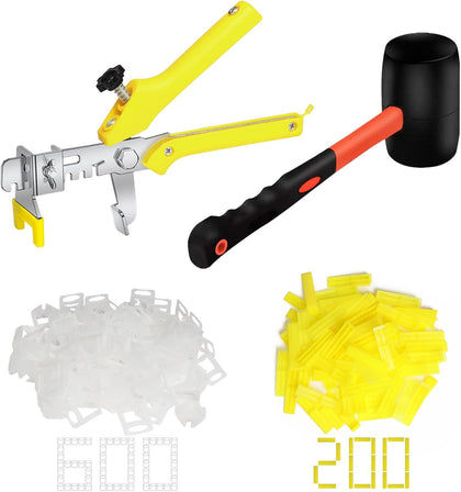 1/8 Inch Tile Leveling System, 600 tile Spacers and 200 Wedges | Tile Leveling Clips with Tile Pliers and Rubber