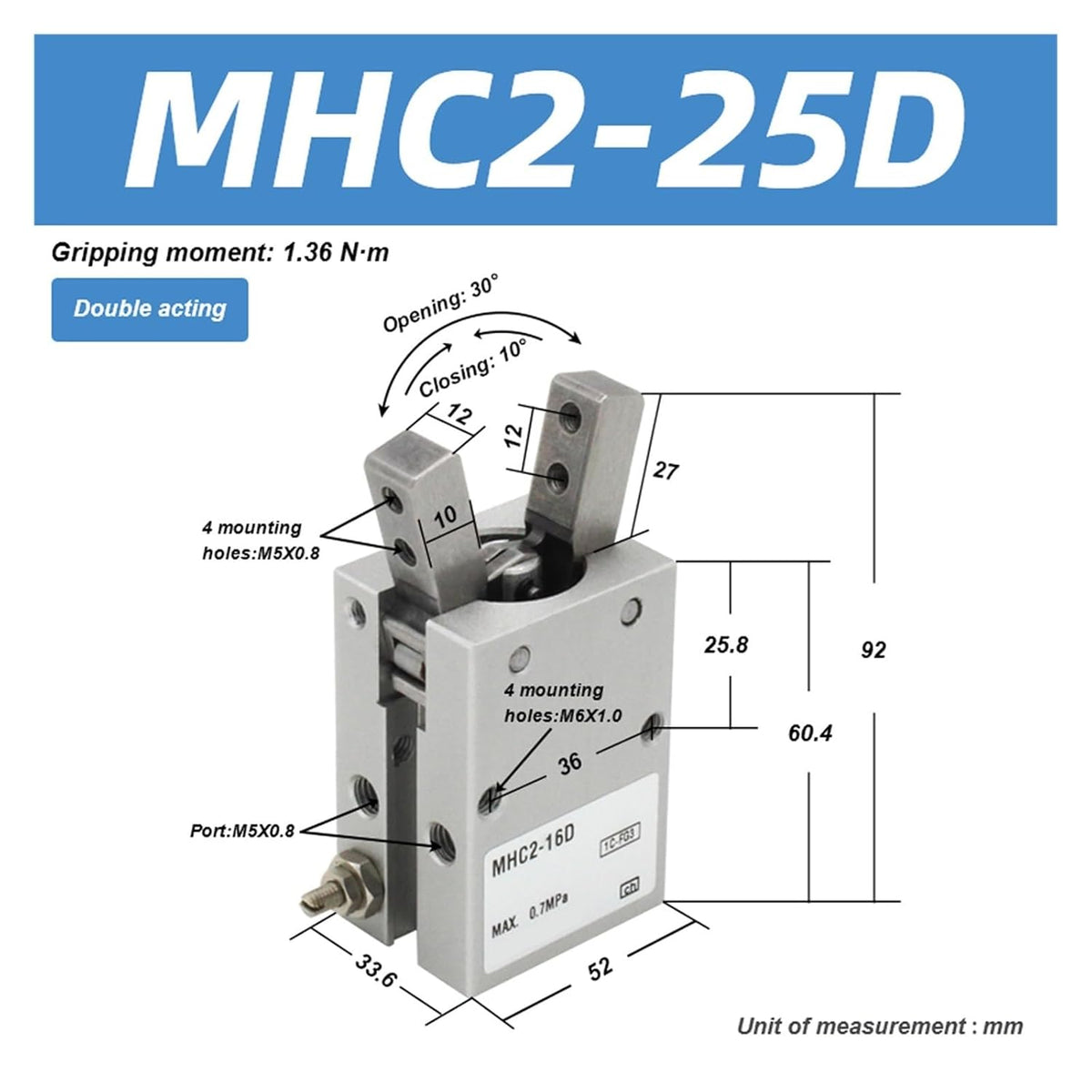 MHC2-10D Air Gripper Cylinder Angular Double Acting Pneumatic Parallel Jaw